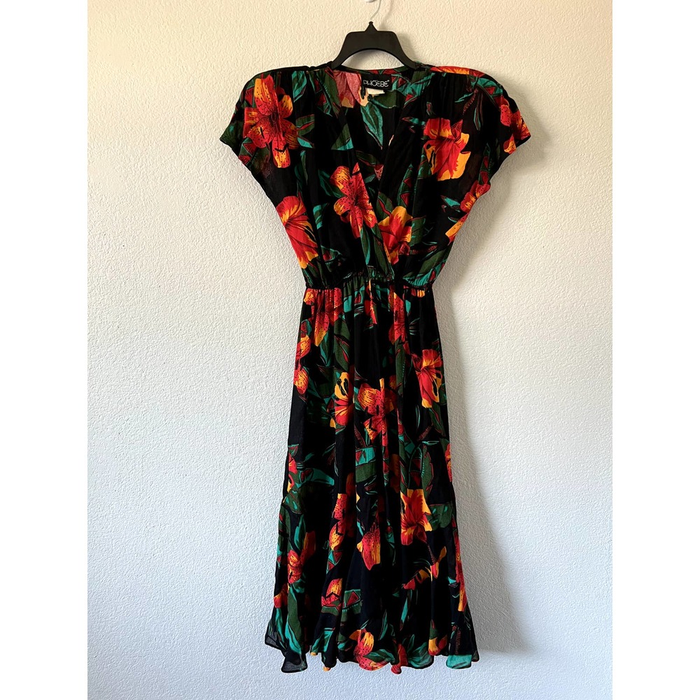 PHOEBE Vintage Women's 14 Hawaiian Style Floral Secretary Vacation Midi Dress - Picture 2 of 8